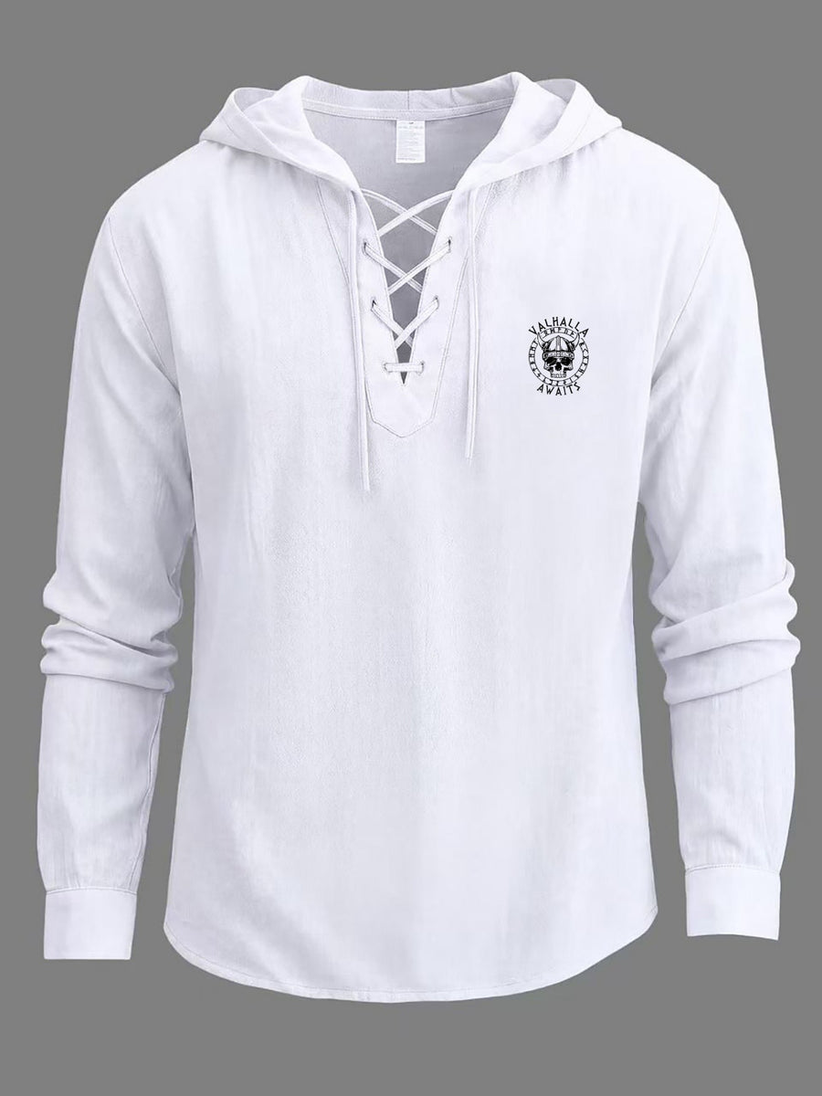 Men'S Linen Shirt, Hooded with Cross-Drawstring Neckline, Round Character Skull Helmet Badge Rich Body Details, Long Sleeve Suitable for Various Outings, Short Trips, Street Strolling, Friends Gathering, Relaxed And Natural Top - White