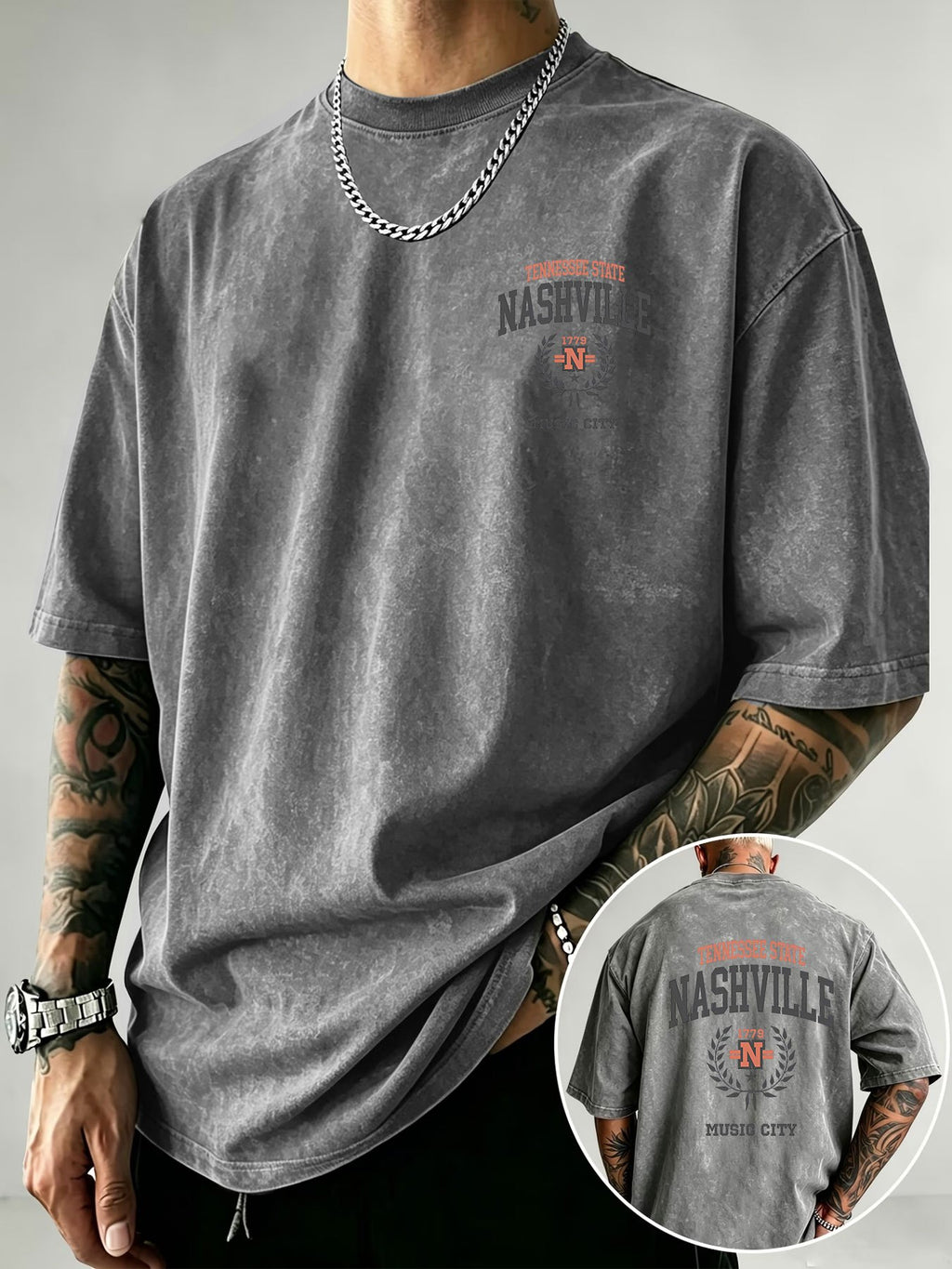 NASHVILLE Music City Text Print Men'S Vintage Washed Loose Short Sleeve T-Shirt - Grey