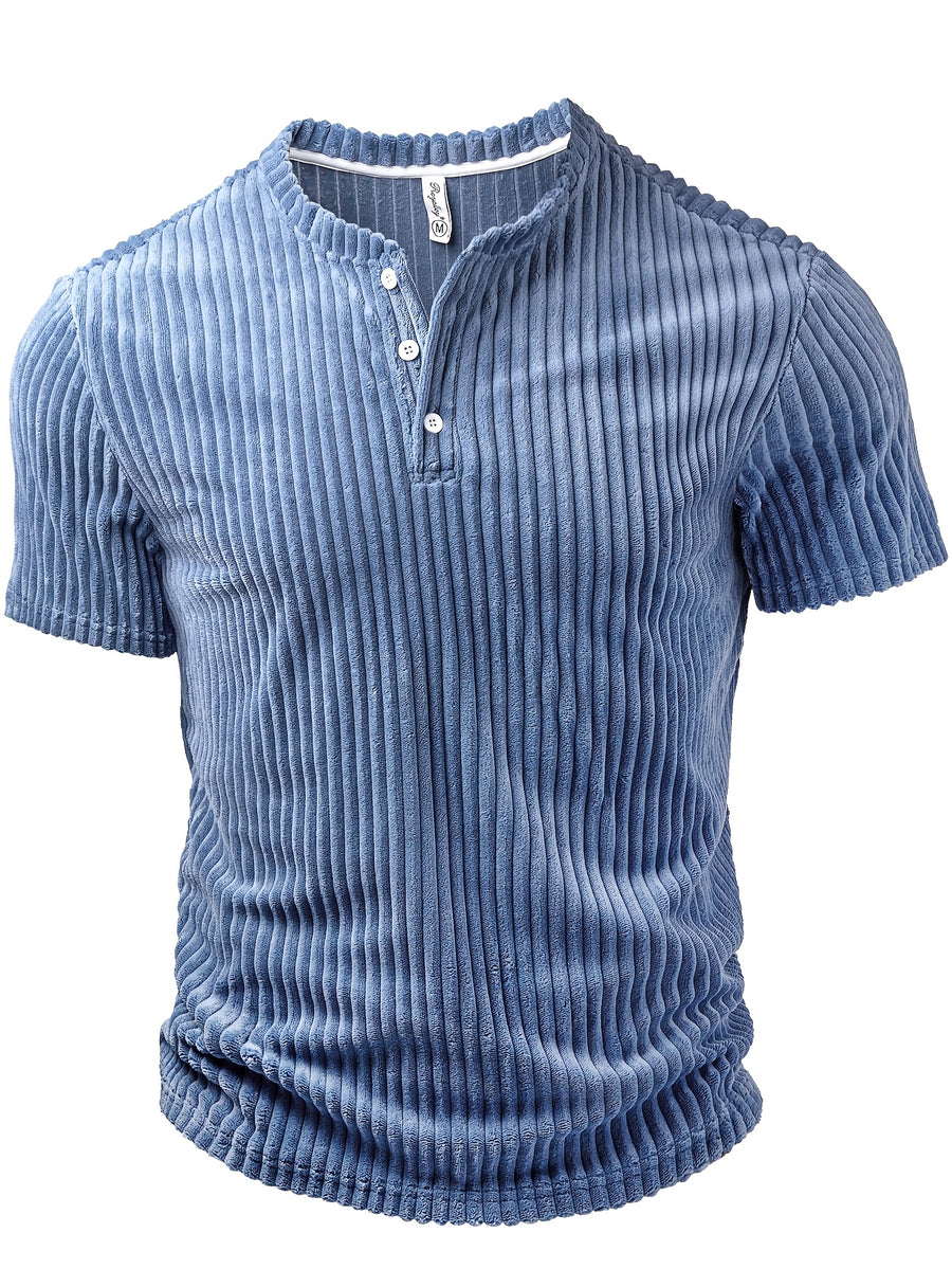 Royalboy Men's Summer Half-Open Crew Neck Short Sleeve Loose Henry Shirt, Soft and Comfortable Fabric, Suitable for Casual Outings - Navy Color