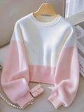 White-pink Gradient Loose Sweater, New Early Autumn Style, Uniquely Elegant, Versatile Top for Home and Office - White