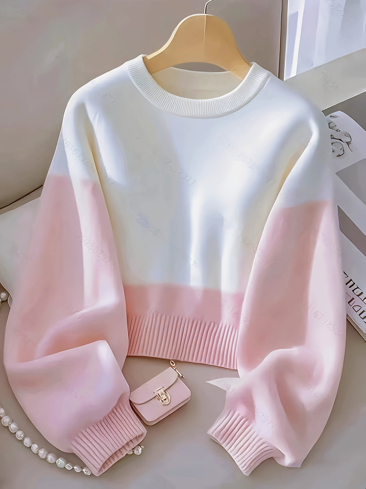 White-pink Gradient Loose Sweater, New Early Autumn Style, Uniquely Elegant, Versatile Top for Home and Office - White