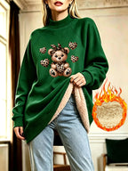 Leopard Print Bow Bear Heart Pattern Half-Neck Long Plush Fleece Sweatshirt Women'S Loose Casual Sweatshirt Dress - Green