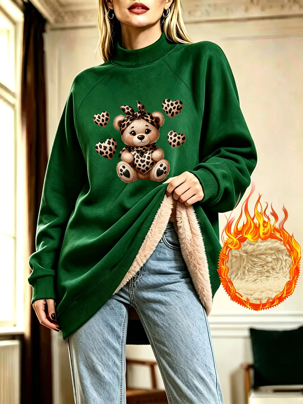 Leopard Print Bow Bear Heart Pattern Half-Neck Long Plush Fleece Sweatshirt Women'S Loose Casual Sweatshirt Dress - Green