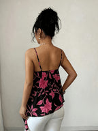 2026 Summer New Pink Floral Ruffled Camisole Women'S Summer Irregular Hem Body-Shaping Thin Chiffon Top Hot Top - Black