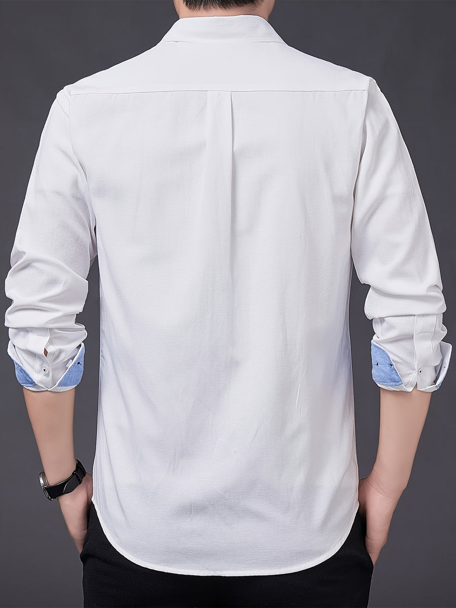 Men's Oxford Cloth Long-Sleeve Shirt for Spring/Autumn, with Lapel Collar, Simple Pocket, and English Print Decoration. Features Contrast Color Cuffs and Collar Design. A Versatile Basic Shirt for Business Casual Wear, Available in Multiple Colors - White
