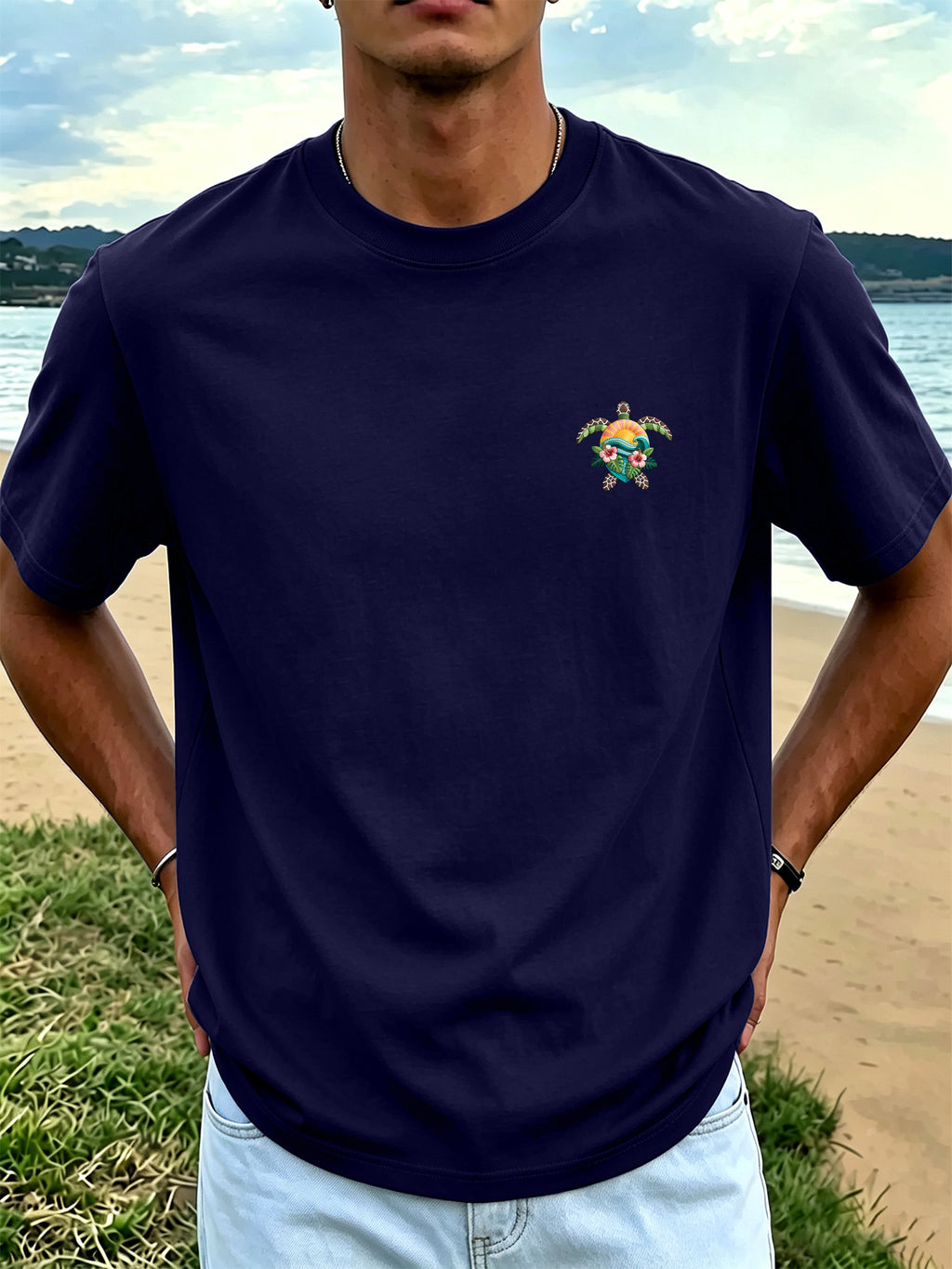 Men'S 100% Round Neck Short Sleeve T-Shirt with Turtle, Floral, And Wave Print, Comfortable, Soft, Breathable, Casual, Fashionable Summer Top - Navy Color