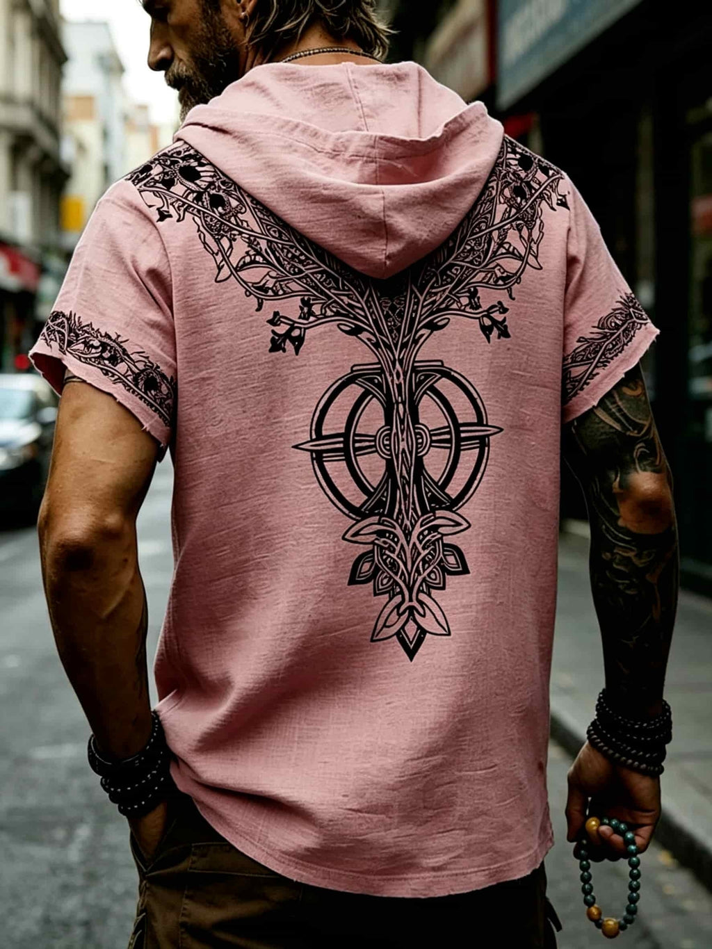 Men's Tree of Life Hooded T-Shirt - European & American Streetwear Style Short-Sleeve Top with Hood, Tree of Life Print, Machine Washable Regular Fit Casual Shirt Suitable for Casual Attire, Brand Label - pink