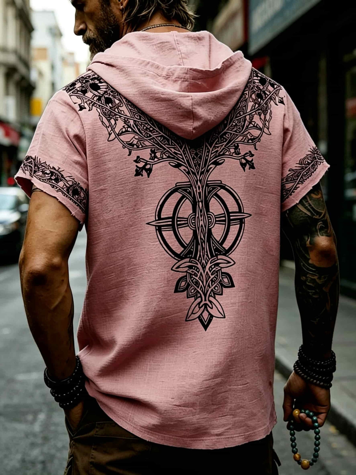 Men's Tree of Life Hooded T-Shirt - European & American Streetwear Style Short-Sleeve Top with Hood, Tree of Life Print, Machine Washable Regular Fit Casual Shirt Suitable for Casual Attire, Brand Label - pink