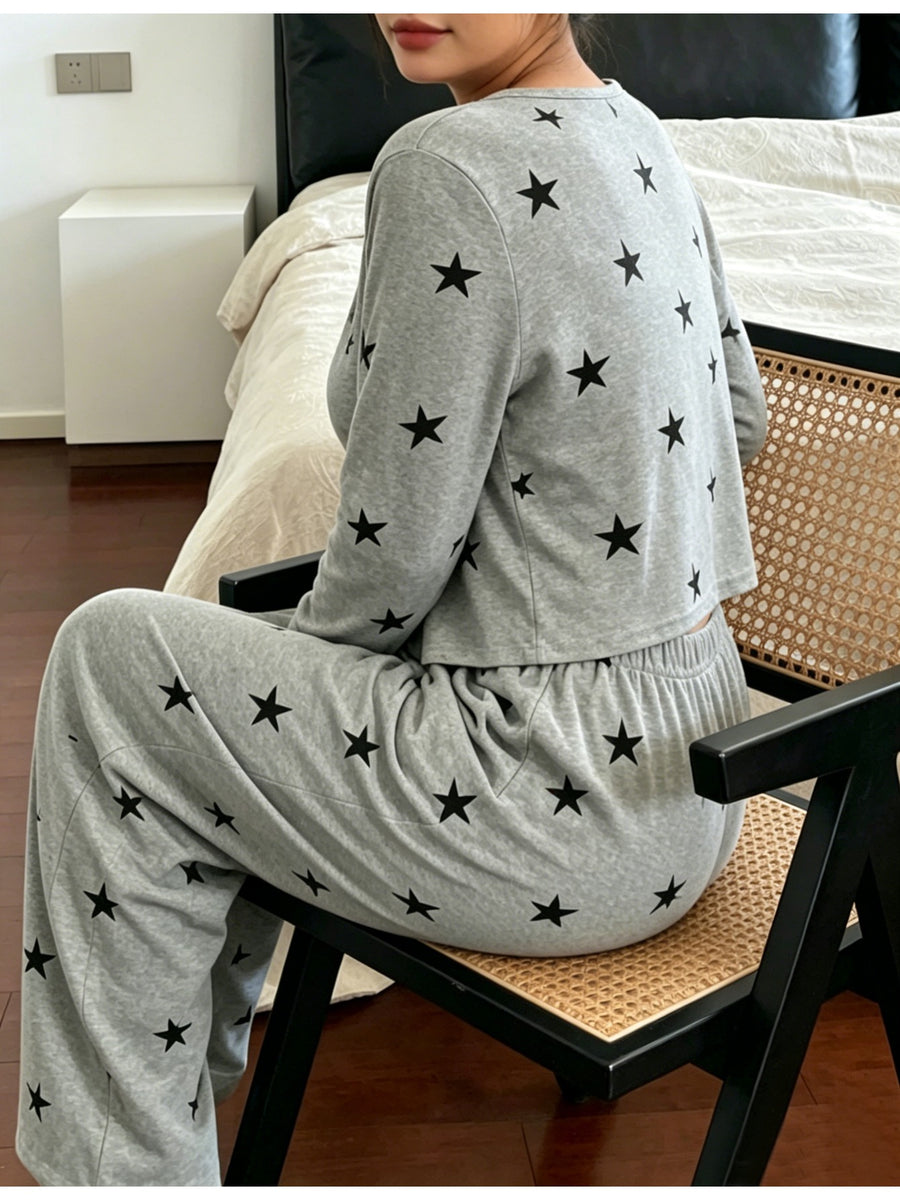 Plus Size Spring/Summer Star Print Pajama Set, Women's Camisole Long Sleeve Long Pants 3pcs Loungewear Set - Mixed colors