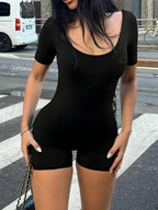 Women'S Spring/Summer Solid Color Sexy Slim Fit Shaping Outdoor Commuting Round Neck Short Sleeve Jumpsuit - Black
