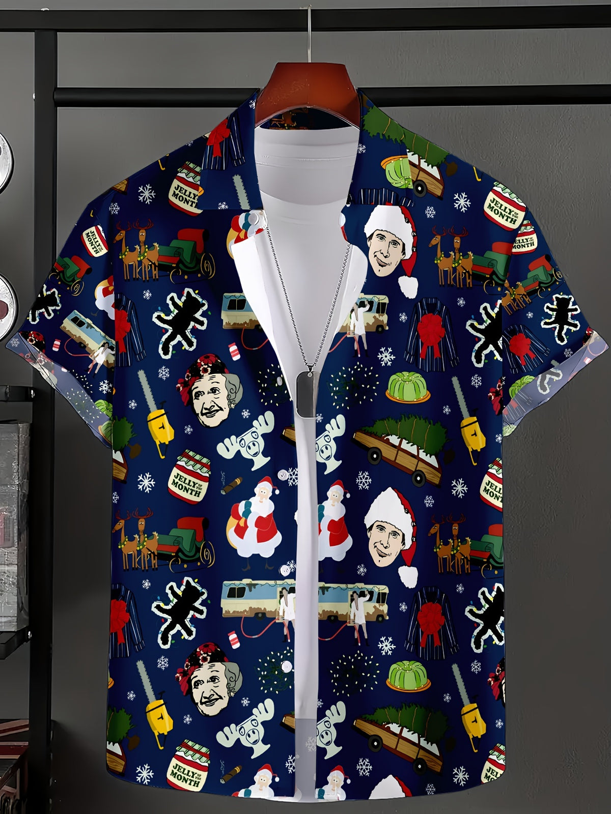 Christmas Print Short Sleeve Shirt, Casual Lapel Collar, 100% Polyester, Comfortable Loose Fit, All-Season Woven Top with Button Detail, 140g/m² Fabric Weight - Mixed colors