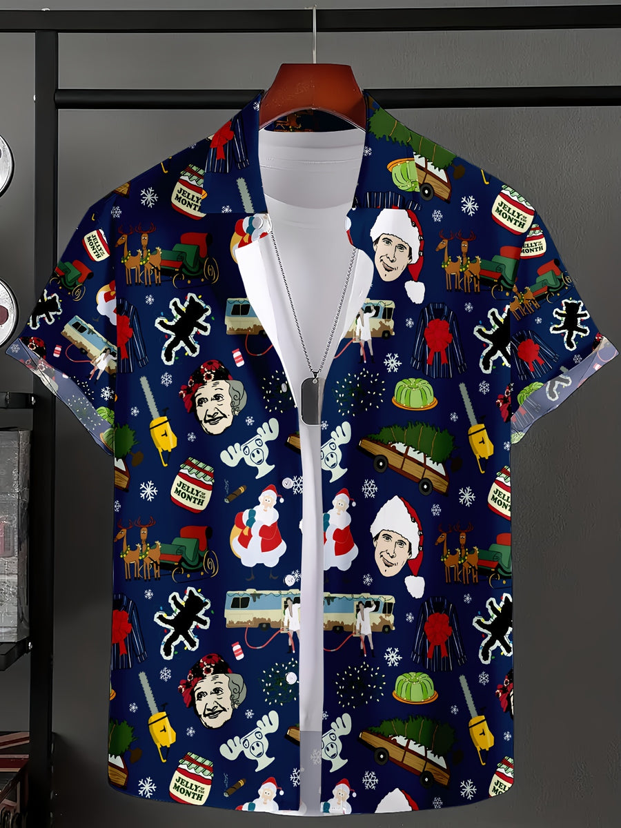 Christmas Print Short Sleeve Shirt, Casual Lapel Collar, 100% Polyester, Comfortable Loose Fit, All-Season Woven Top with Button Detail, 140g/m² Fabric Weight - Mixed colors
