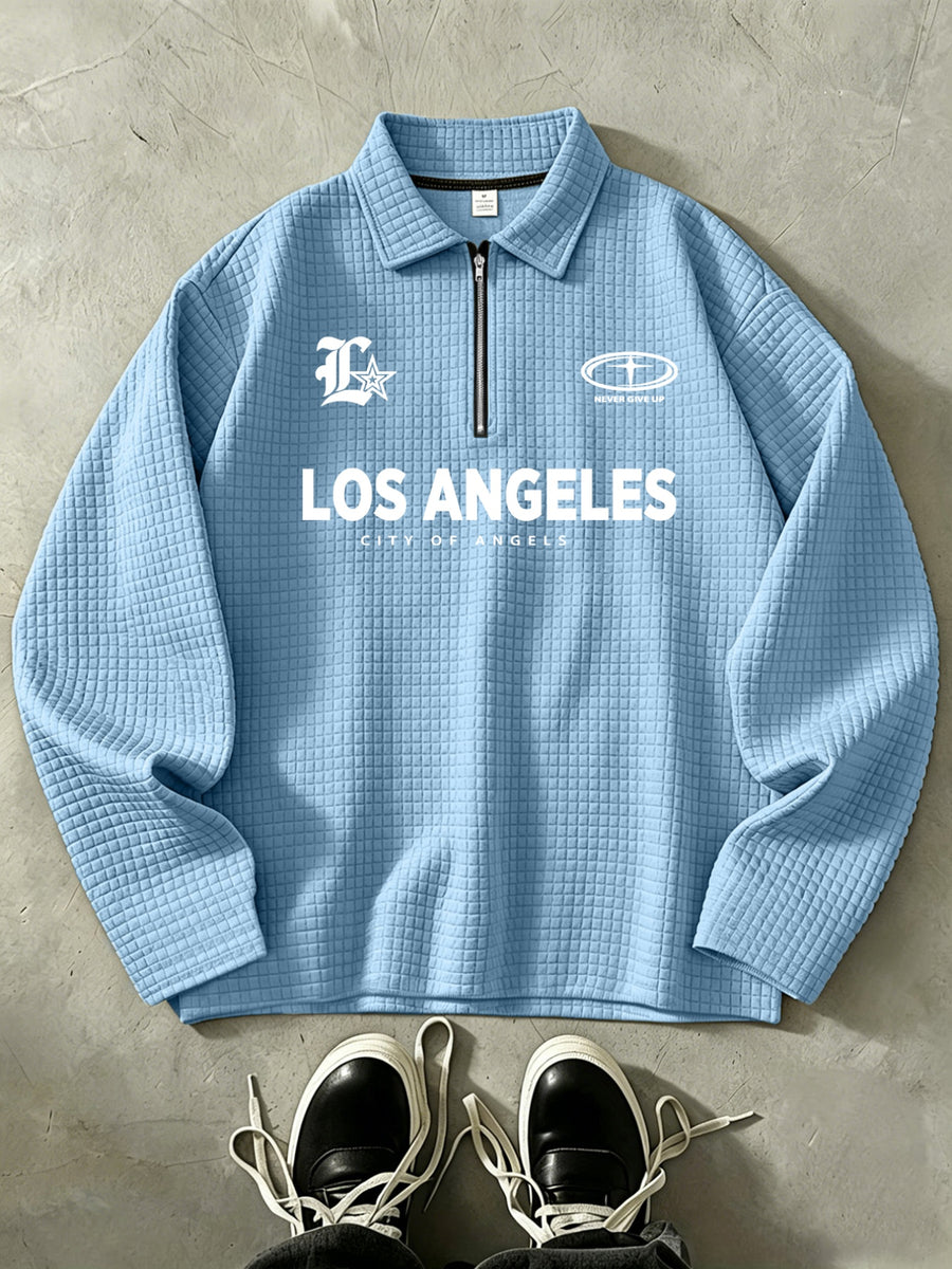 LOS ANGELES Men'S Half-Zip Fashion Waffle Texture Autumn Winter Casual Athletic POLO Shirt Sweatshirt, Street Style Versatile Trendy Long Sleeve Top - Sky Blue