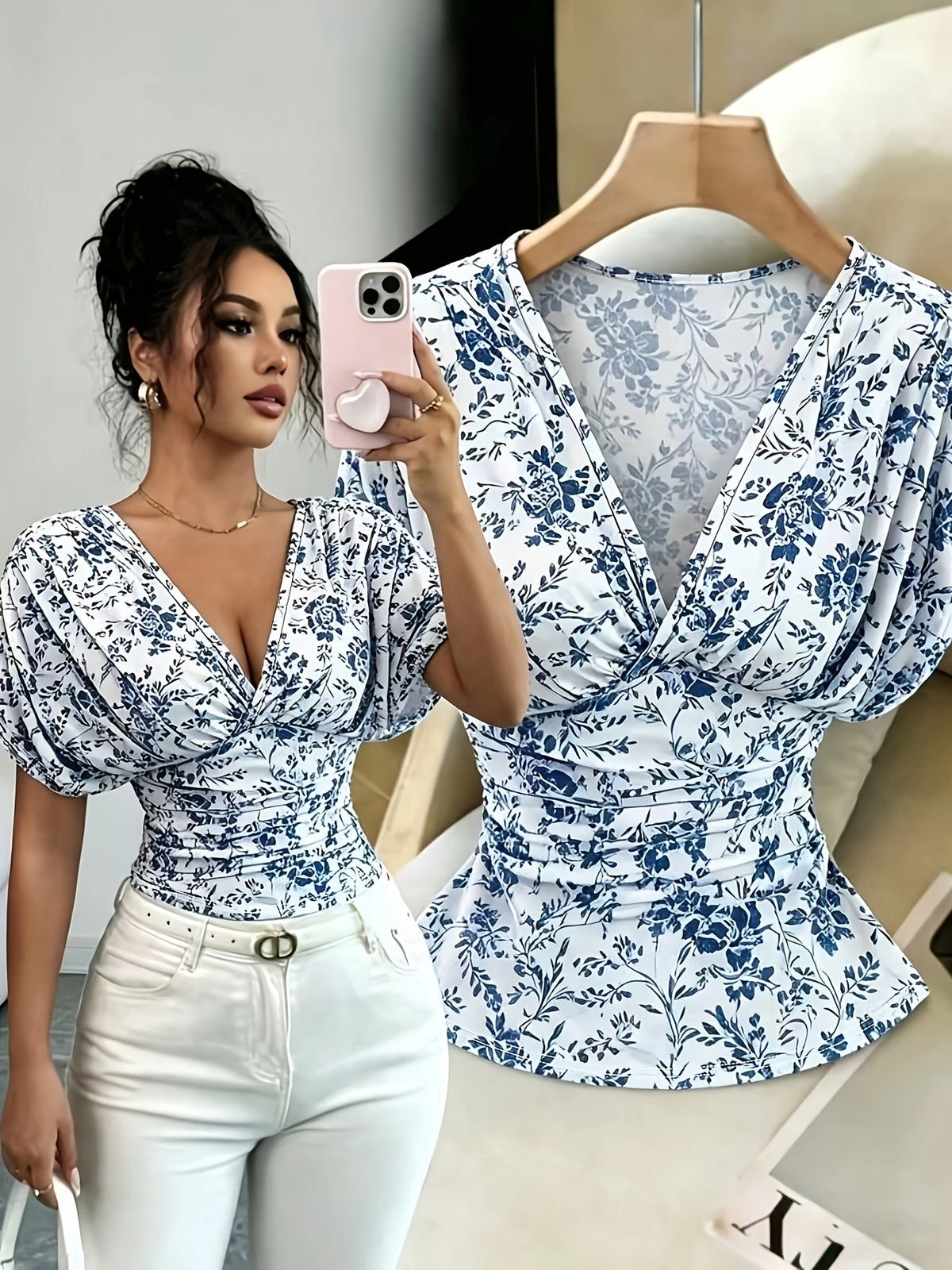 Women's Elegant Floral Print Slim-Fit T-Shirt, Summer Style - Mixed colors