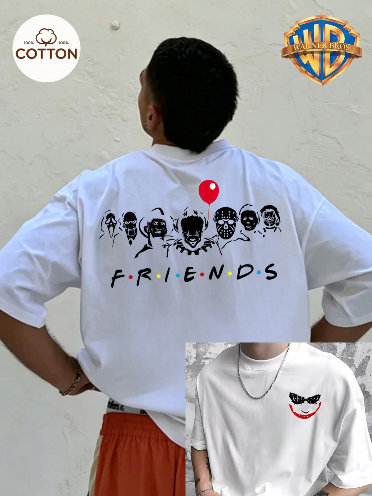 100% T-Shirt, European And American Horror Classic Villain Friends Co Printed Spring, Summer, Autumn, Men'S And Women'S Short Sleeved Top, Round Neck Comfortable Top, Soft And Comfortable Fabric, Holiday Gift - White