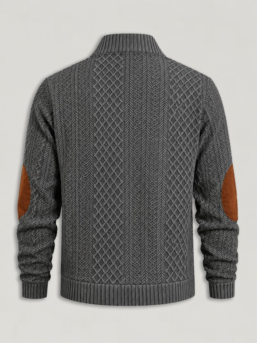 Men'S Henley Collar Knit Polo Sweater, Retro Checkered Jacquard Sweater, Patchwork Decor Long Sleeve Top, Casual Outdoor Wear - Dark Gray