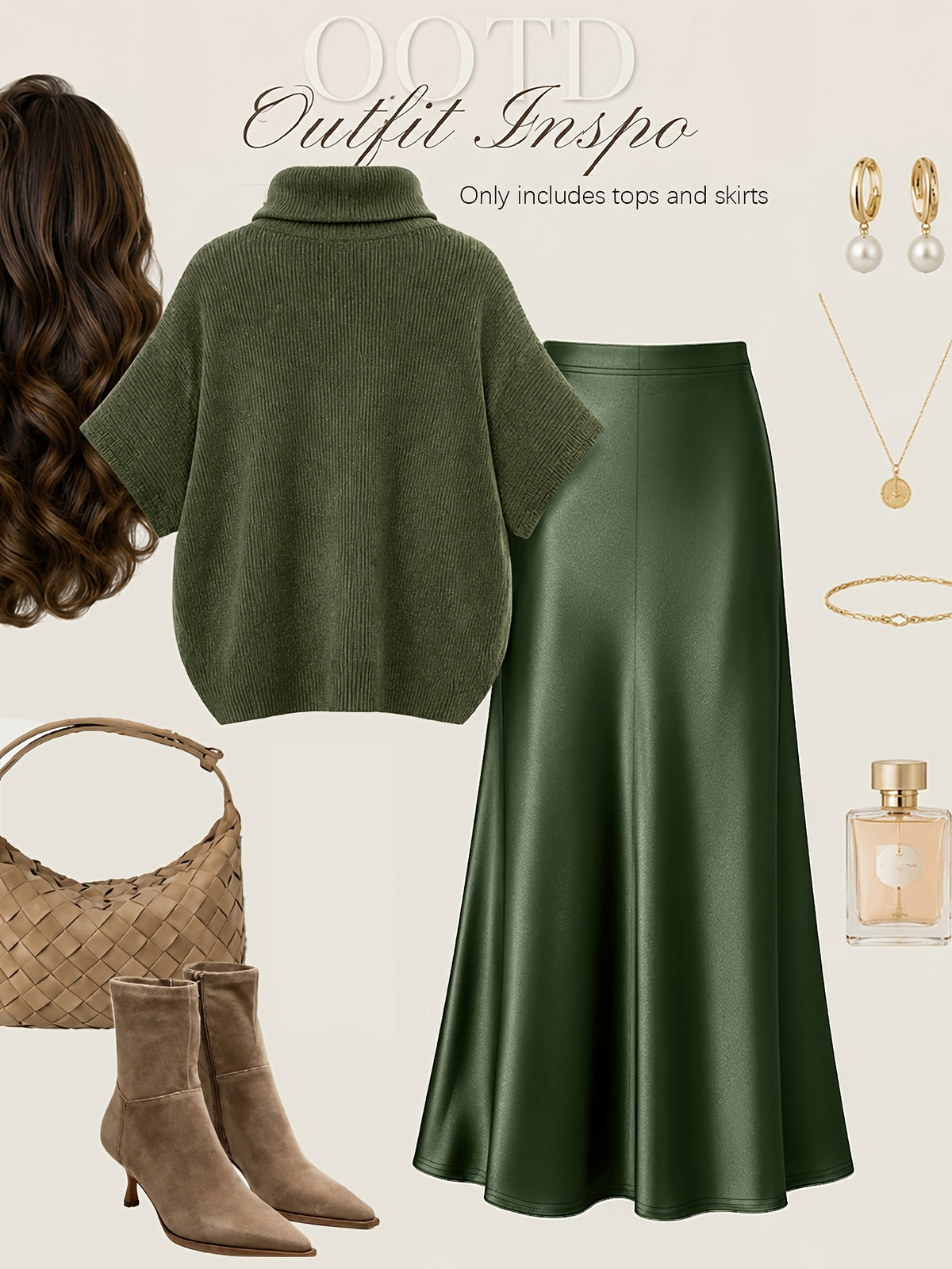 Autumn Winter Fashion Lazy Style Turtleneck Cloak Sweater And Premium Satin Fishtail Half Skirt, Temperament Elegant Commute Two-Piece Set - Olive Green