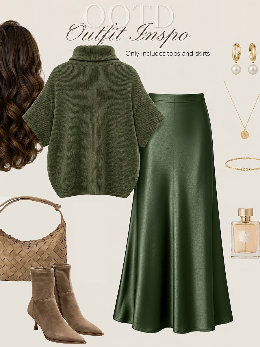 Autumn Winter Fashion Lazy Style Turtleneck Cloak Sweater And Premium Satin Fishtail Half Skirt, Temperament Elegant Commute Two-Piece Set - Olive Green