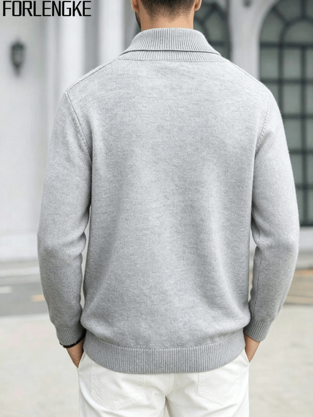 FORLENGKE Men'S Business Casual Shawl Collar Geometric Textured Knit Sweater, Soft Warm Long Sleeve Pullover for Fall Winter Office Daily Wear - Ivory White