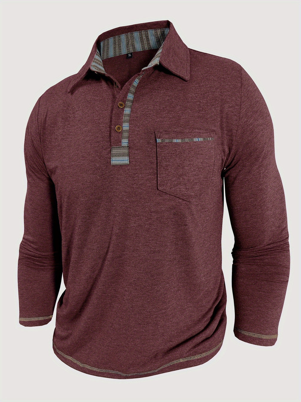 Men'S Retro Trendy Fashion Lapel Long Sleeve Polo Shirt, Casual Stylish Pocket Top T-Shirt - Burgundy