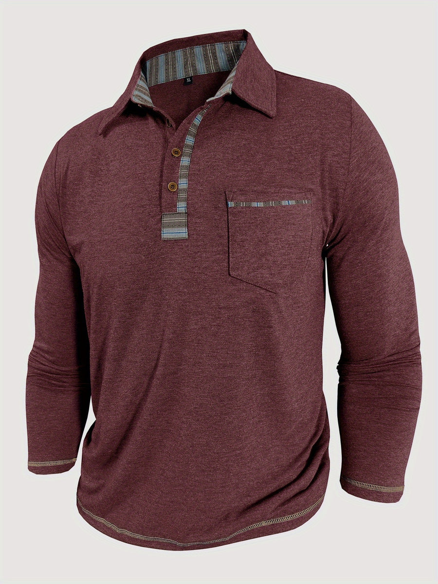 Men'S Retro Trendy Fashion Lapel Long Sleeve Polo Shirt, Casual Stylish Pocket Top T-Shirt - Burgundy