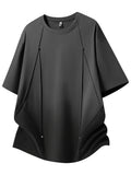 American Retro Easy Solid Color Patchwork Striped Rivet Design Casual Trendy All-Match Fashion Loose Sports Casual Soft Comfortable Breathable Round Neck Men'S Off-Shoulder Short Sleeve T-Shirt - Dark Gray