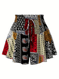Summer Ethnic Style Comfortable Shirred Wide-Flare Casual Vintage Geometric Print Decorative Tie-Up Skirt-Pants Shorts - Mixed colors
