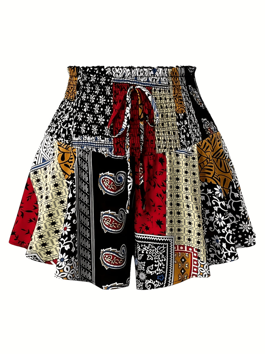 Summer Ethnic Style Comfortable Shirred Wide-Flare Casual Vintage Geometric Print Decorative Tie-Up Skirt-Pants Shorts - Mixed colors