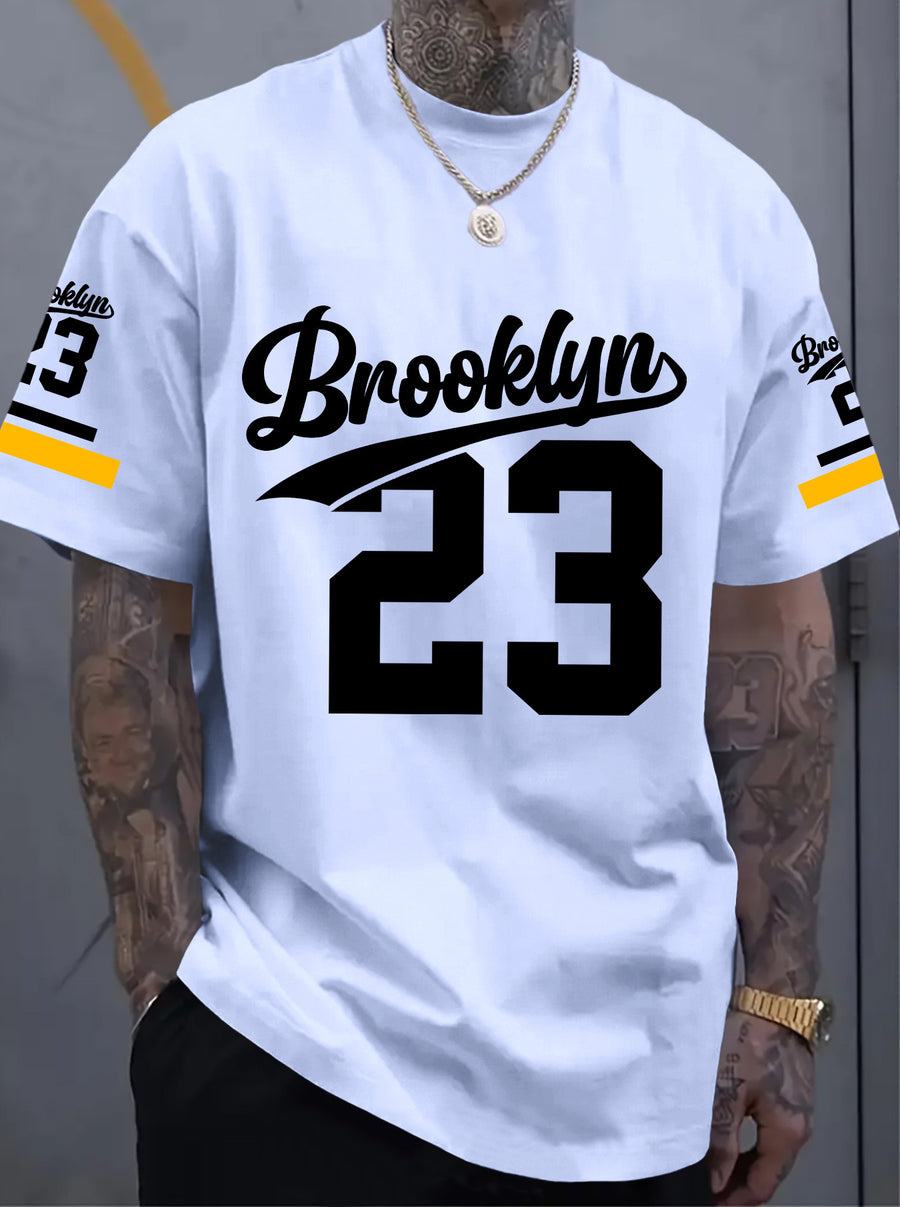 Men's Fashion Street Style T-shirt with Floral Script Font and Striped Print - Bright Steel Blue