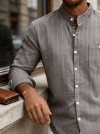 Men's Linen Long-Sleeve Striped Shirt for Spring, Autumn, and Summer, Suitable for Casual, Commuting, and Outings - Medium Grey