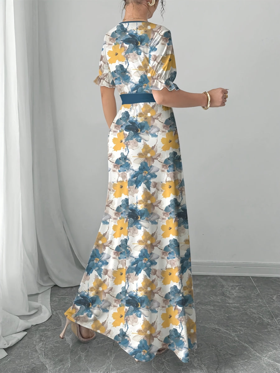 Women'S Printed Round Neck Casual Waist Dress - Yellow Blue