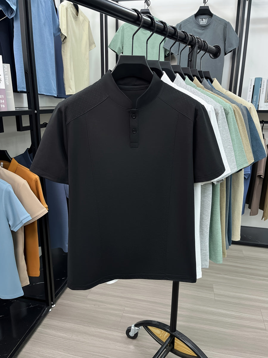 Men's New Summer Casual Stand Collar T-Shirt, Simple and Stylish Thin Breathable Versatile Short Sleeve Tee - Black