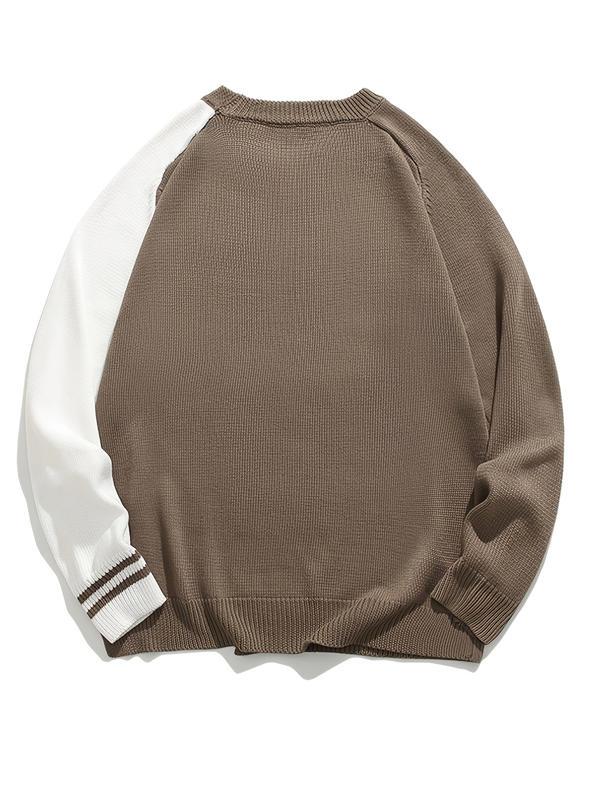 Men'S Color Block Asymmetric Patchwork Crew Neck Sweater, Versatile Casual Knit Pullover Top - Khaki