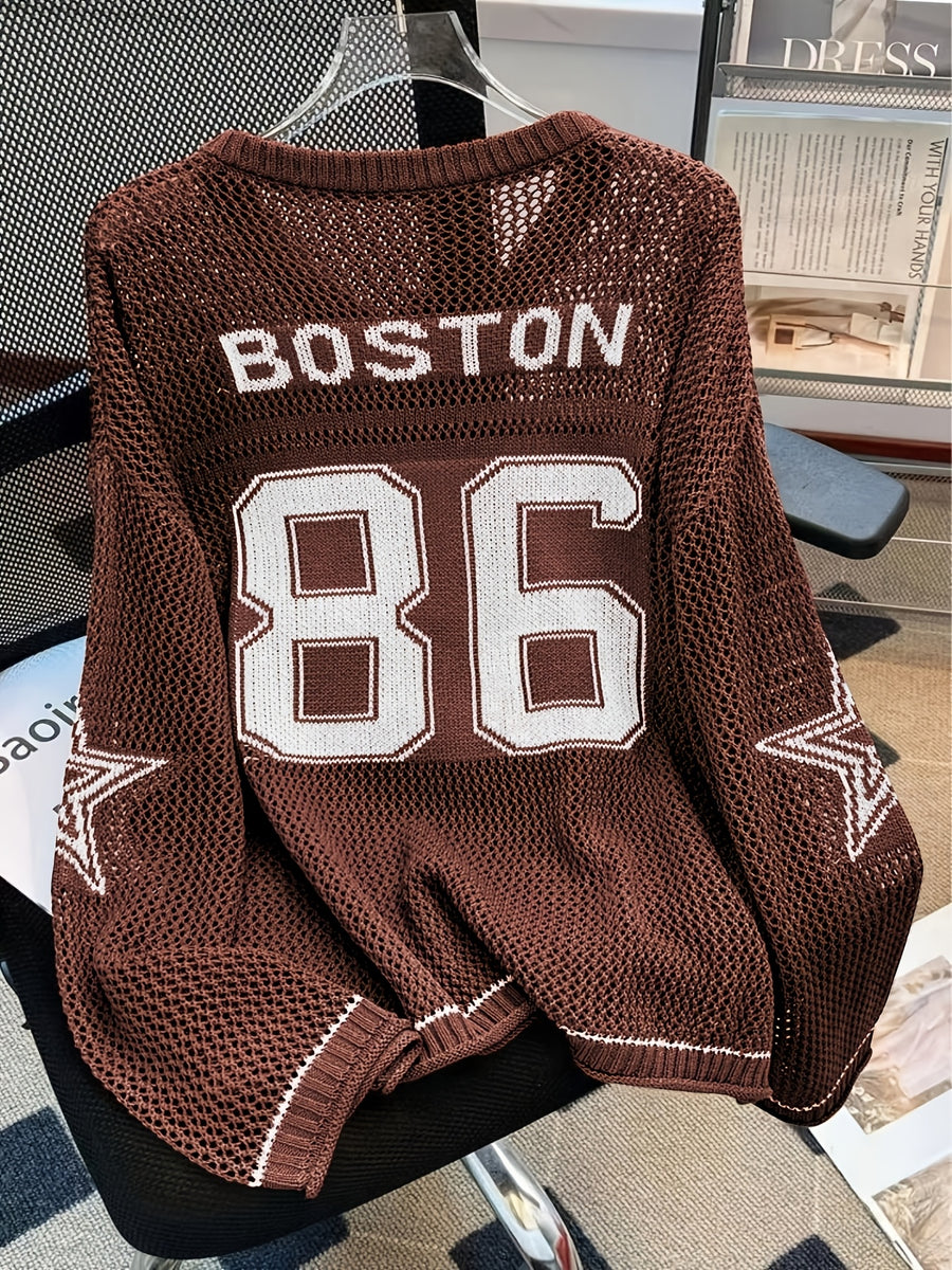 Plus Size - Plus Size - Plus Size Sweater Women'S Oversized Number Print Sweatshirt, Casual Loose Fit Elegant Shirt, Summer Couple Style for Daily Wear, Casual Outing, Beach Vacation - Coffee Color