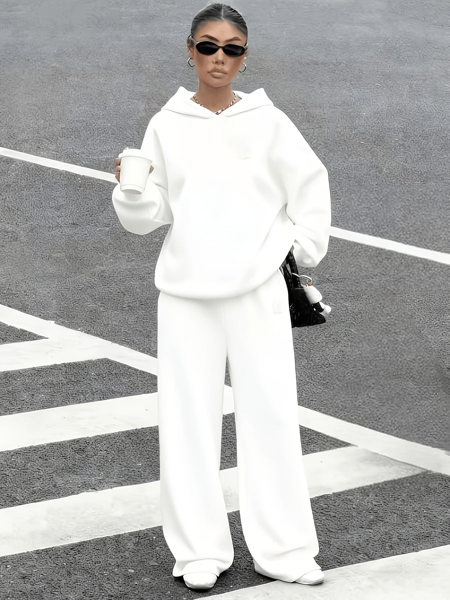 2026 Sporty Solid Color Hooded Sweatshirt Set for Women, Loose Drop-Shoulder Casual Wide-Leg Pants 2pcs Set - White