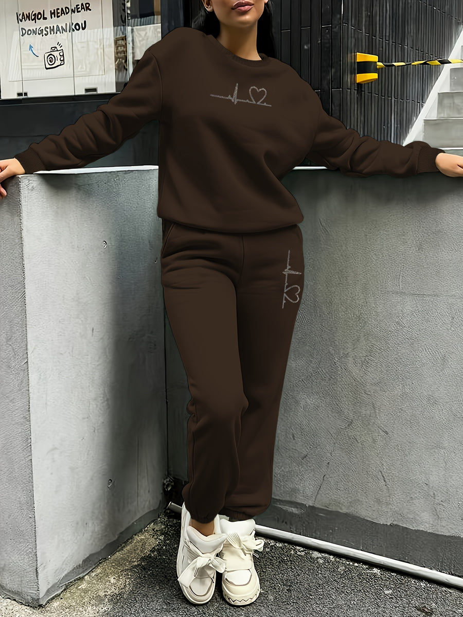 Women's 2pcs Fleece Sweatsuit - ECG Heart Print Warm Winter Tracksuit, Soft Polyester Matching Outfit with Pockets, Machine Washable & Outdoor Sweatsuits (Multiple Colors) for Fall/Winter, 2pcs set - Coffee Color