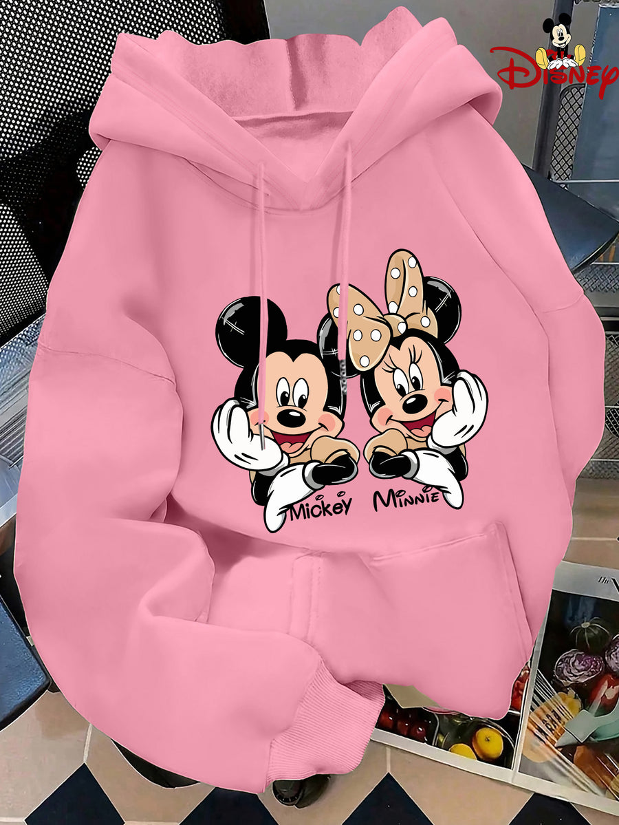 Cute Style Mickey Minnie Face Print Japanese Hooded Sweatshirt, Casual Comfortable Kangaroo Pocket Pullover Top - Pink