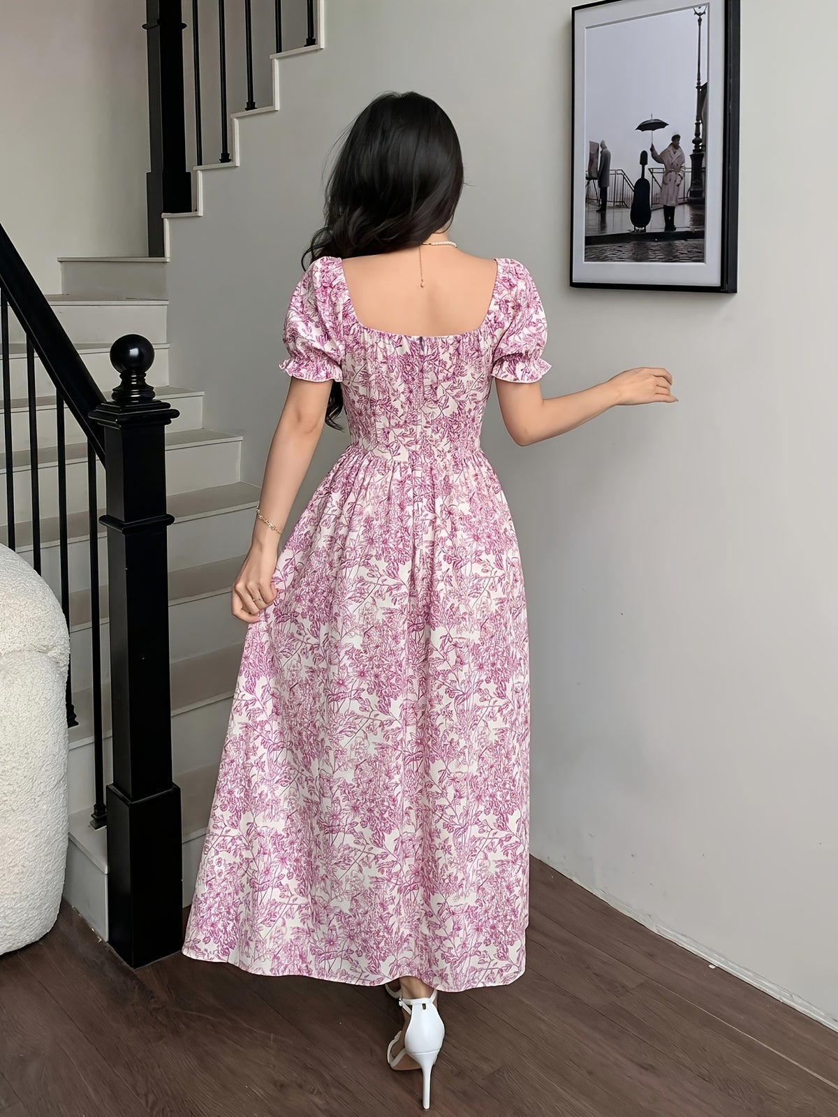 Charming Romantic Dumb Flower Patchwork Lace Collar Long Sleeve Waist-Cinching Elegant Dress, Vacation Wear, Women'S Dress - Light Purple