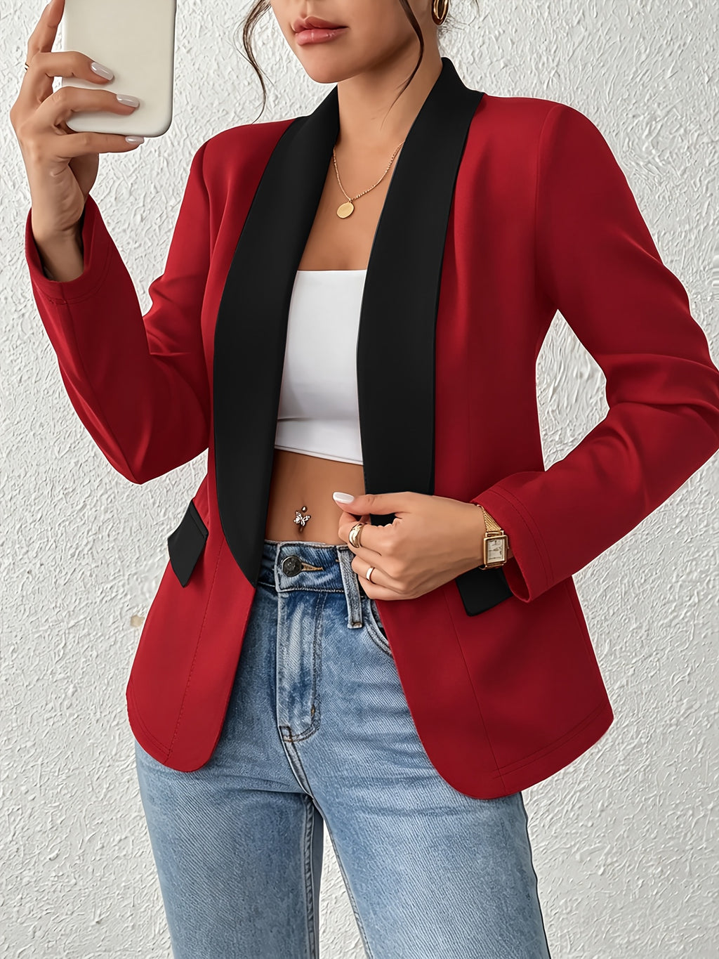 Women's Color-Block Shawl Collar Faux Pocket Long Sleeve Cardigan, Fashionable, Elegant, Casual, and Business-Style Blazer - Red