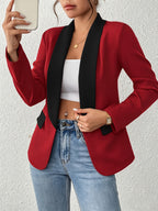 Women's Color-Block Shawl Collar Faux Pocket Long Sleeve Cardigan, Fashionable, Elegant, Casual, and Business-Style Blazer - Red
