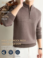 Men'S Half-Zip Knit Sweater, Classic Stand Collar And Textured Pattern, Thickened Warm Pullover in a Refined Timeless Style for Casual, Work, Hiking, Camping, Fishing, And Outdoor Wear - Camel