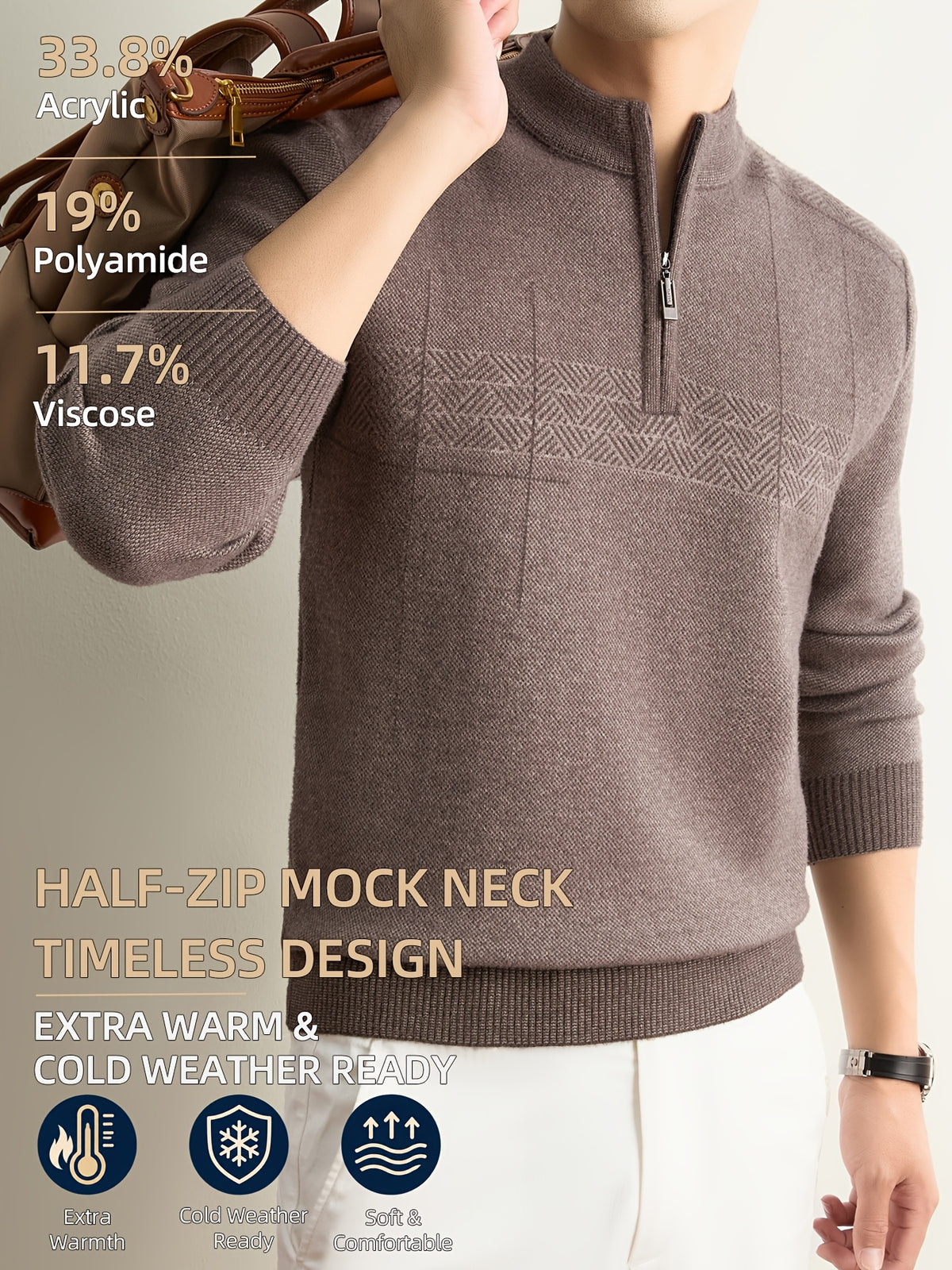 Men'S Half-Zip Knit Sweater, Classic Stand Collar And Textured Pattern, Thickened Warm Pullover in a Refined Timeless Style for Casual, Work, Hiking, Camping, Fishing, And Outdoor Wear - Camel