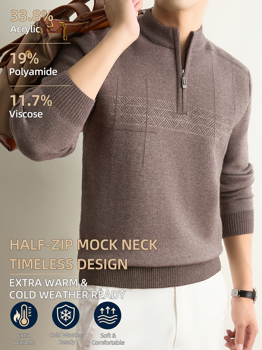 Men'S Half-Zip Knit Sweater, Classic Stand Collar And Textured Pattern, Thickened Warm Pullover in a Refined Timeless Style for Casual, Work, Hiking, Camping, Fishing, And Outdoor Wear - Camel