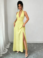 Summer New Women'S Slightly Mature Style Vacation Long Dress, Halter Neck Backless Tie Design, Bubble Texture Fabric, Side Slit Waist-Cinching Fairy Dress - Yellow