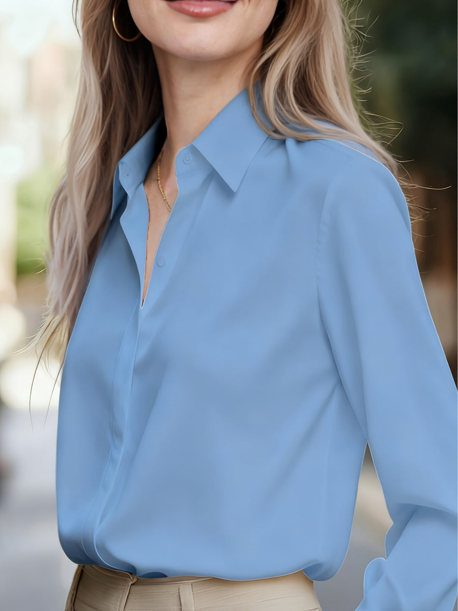 Classic Business Office Professional Shirt for Women, Elegant Figure-Enhancing Temperament Long Sleeve Top, Solid Color Non-Stretch Casual Women'S Shirt T-Shirt Top - Sky Blue