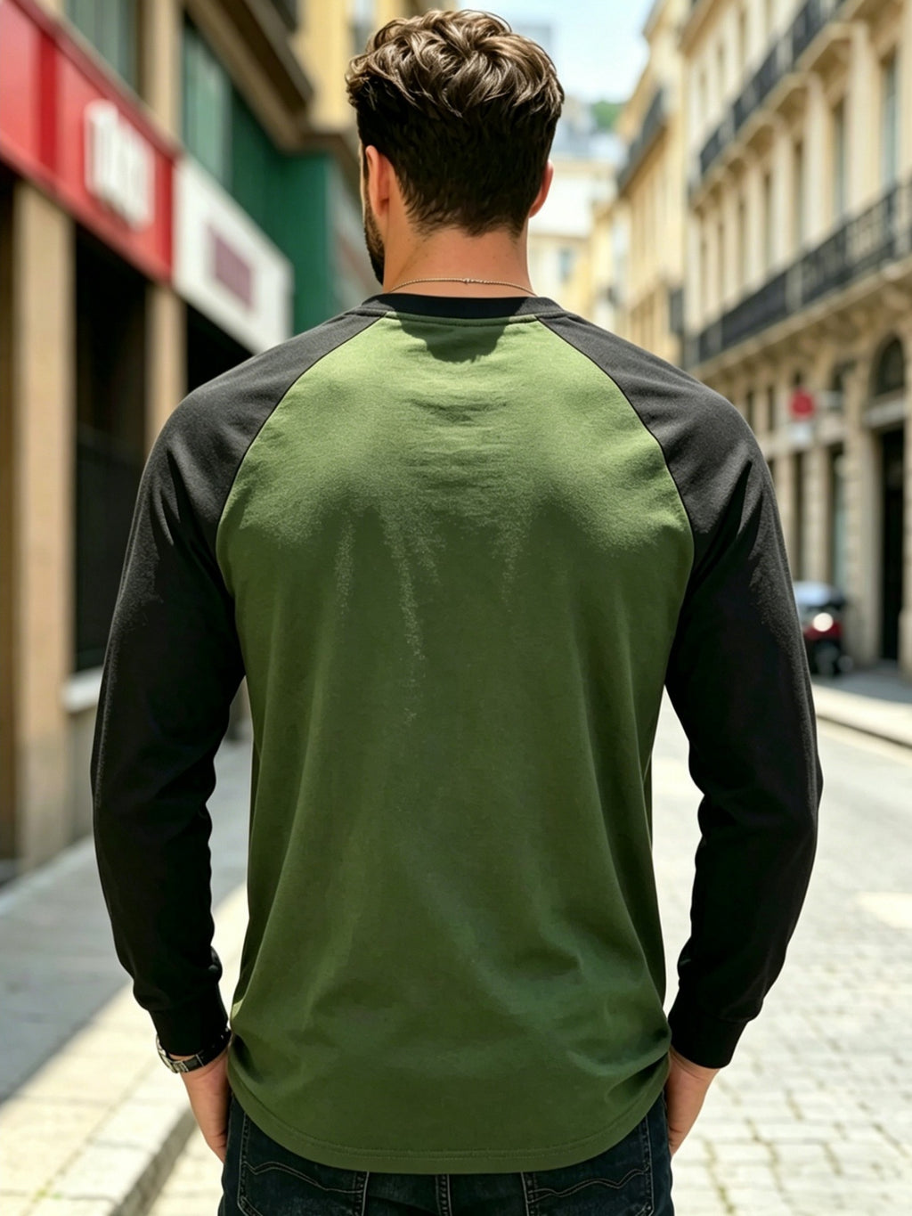 Men'S T-Shirt Casual New Daily Color-Block Long Sleeve Breathable Skin-Friendly Non-Sweaty Drop Shoulder Cut Visual Body Shaping Super Friendly Retro Contrast Design with Premium Aura Suitable for Sports Casual Daily Commuting Outdoor Activities Cas - black + army green
