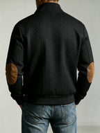Spring/Autumn New Men's Stand Collar Rhombus Jacquard Baseball Jacket, Middle-Aged Business Casual Velvet Elbow Patch Design Knitted Cardigan, European and American Style Simple Versatile Solid Color Zipper Outerwear Top - Black
