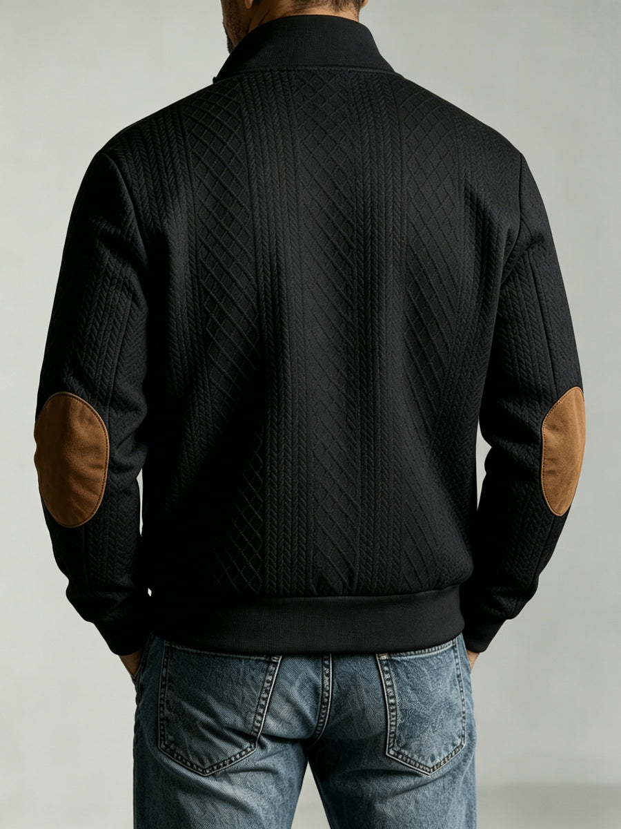 Spring/Autumn New Men's Stand Collar Rhombus Jacquard Baseball Jacket, Middle-Aged Business Casual Velvet Elbow Patch Design Knitted Cardigan, European and American Style Simple Versatile Solid Color Zipper Outerwear Top - Black