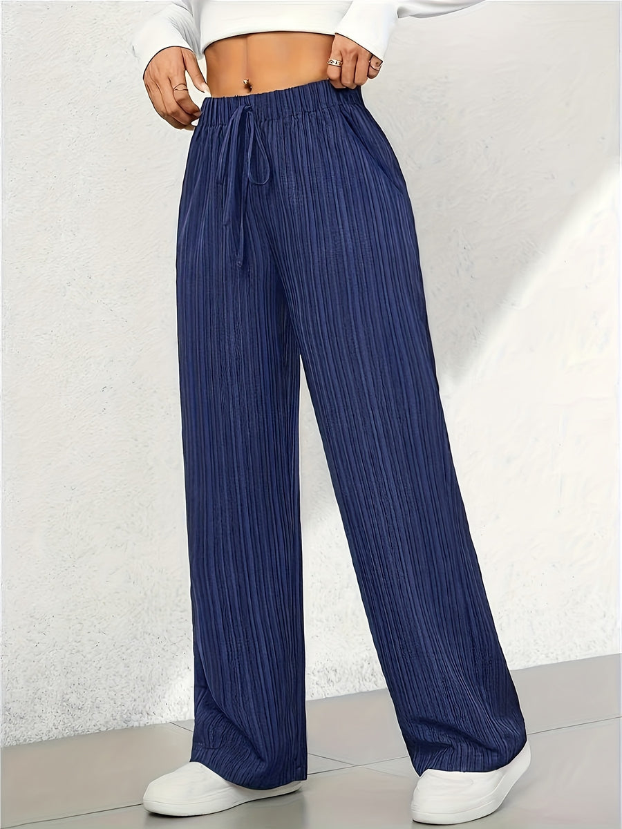Women's Elegant Straight-leg Trousers with Tree Grain Wrinkle-texture Micro-stretch Fabric, Featuring a Comfortable Elastic Waistband with Drawstring Detail and Side Slant Pockets. Suitable for All Seasons - Navy Color