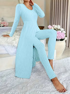 Autumn-Winter Casual Robe and Long Pants Set, High Slit Dress Set, Hair Needle Material, Suitable for Daily Wear, Home Casual Wear - Sky Blue